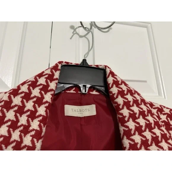 Talbots Moto Red White Houndstooth Wool Zip Up Jacket Size 10 Coat - Picture 2 of 9